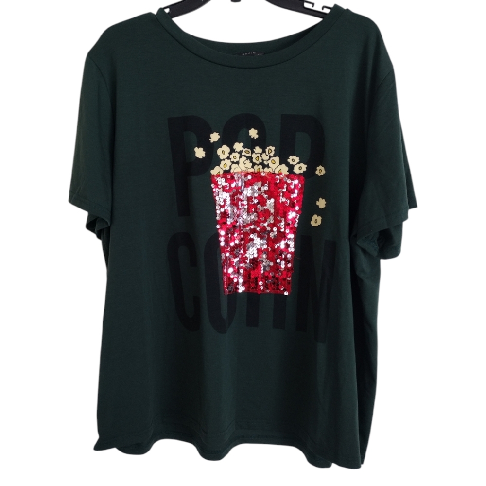 Shein dark green red multicolor sequin popcorn T-shirt size 2XL